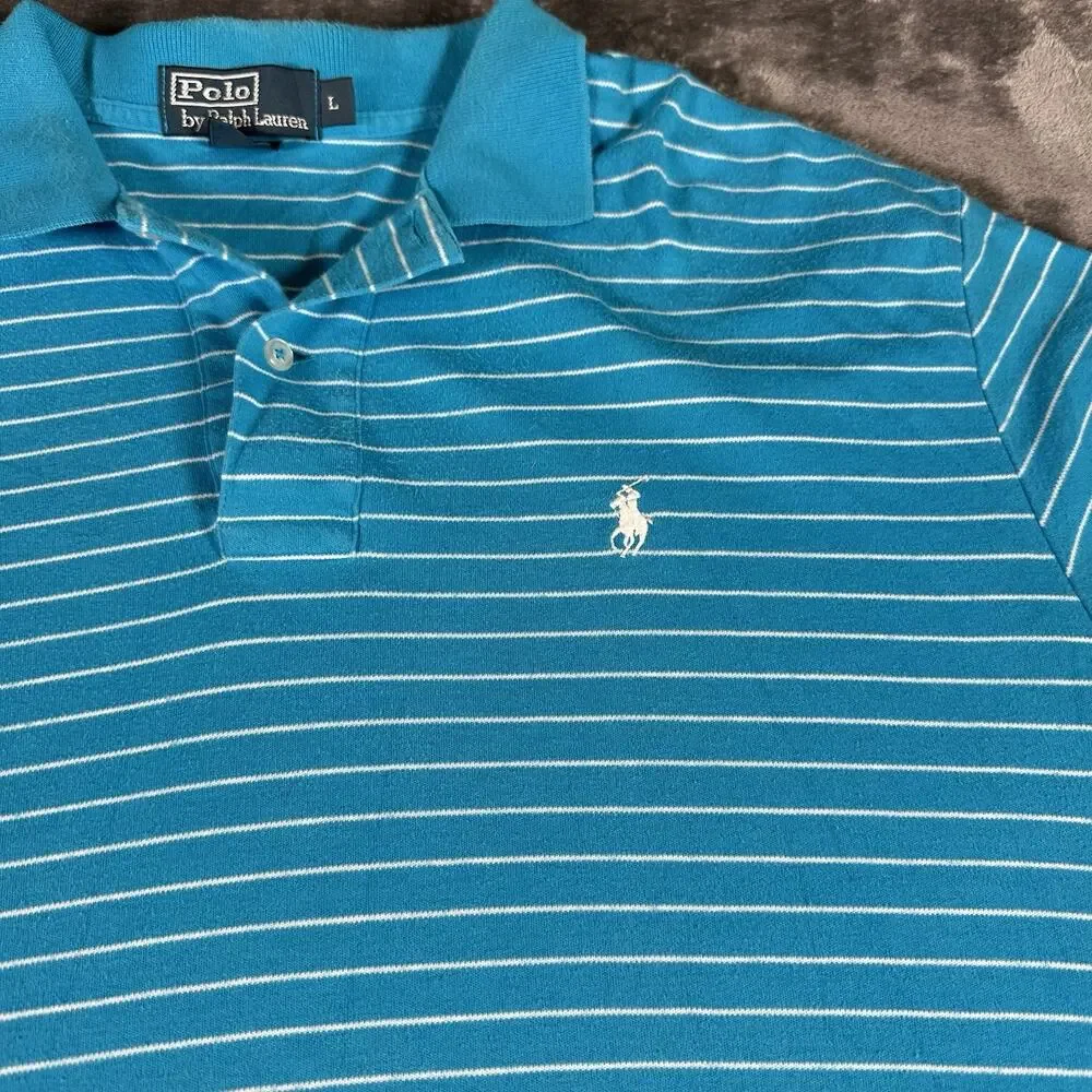 Polo Ralph Lauren Polo Shirt Mens Large Blue‎ Striped Collard Embroidered Golf
